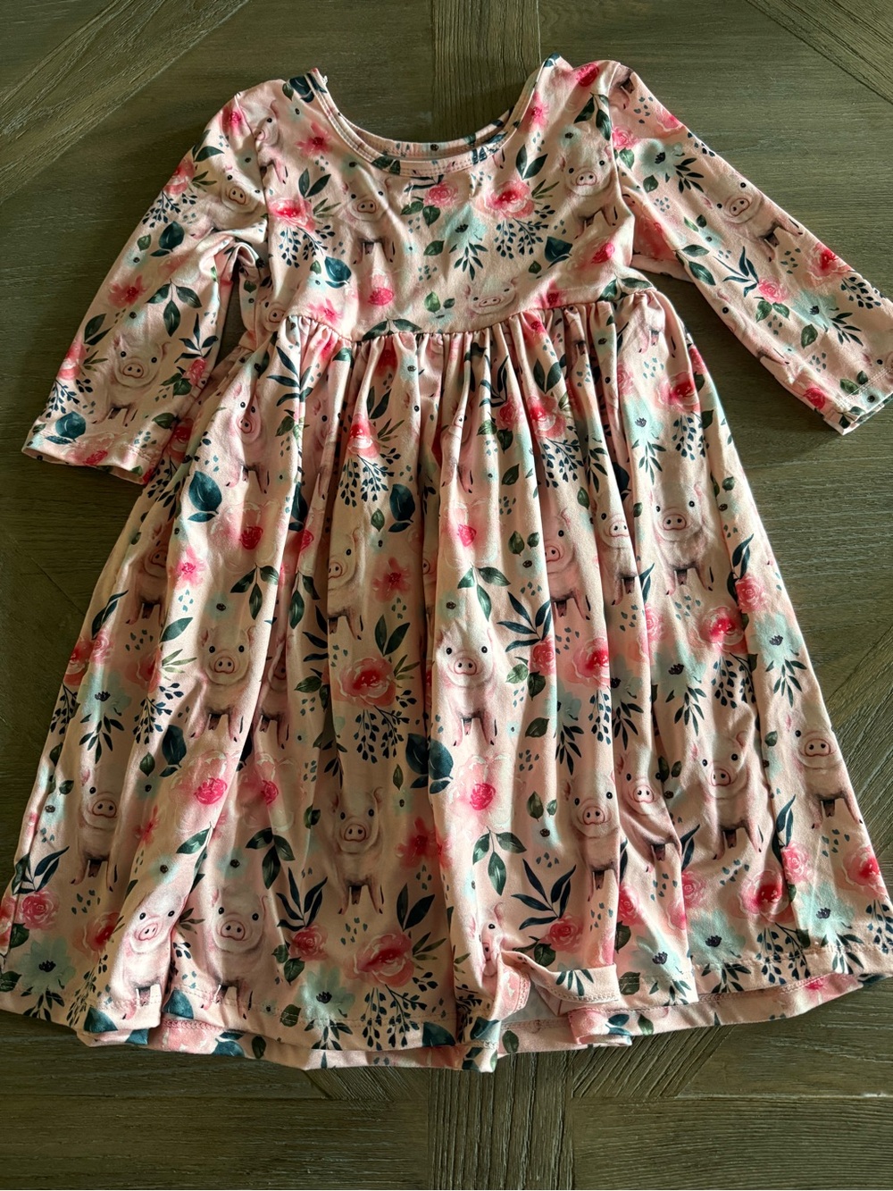 Mila & Rose Girls Pink Floral & Pig-Print Long Sleeve Casual Dress